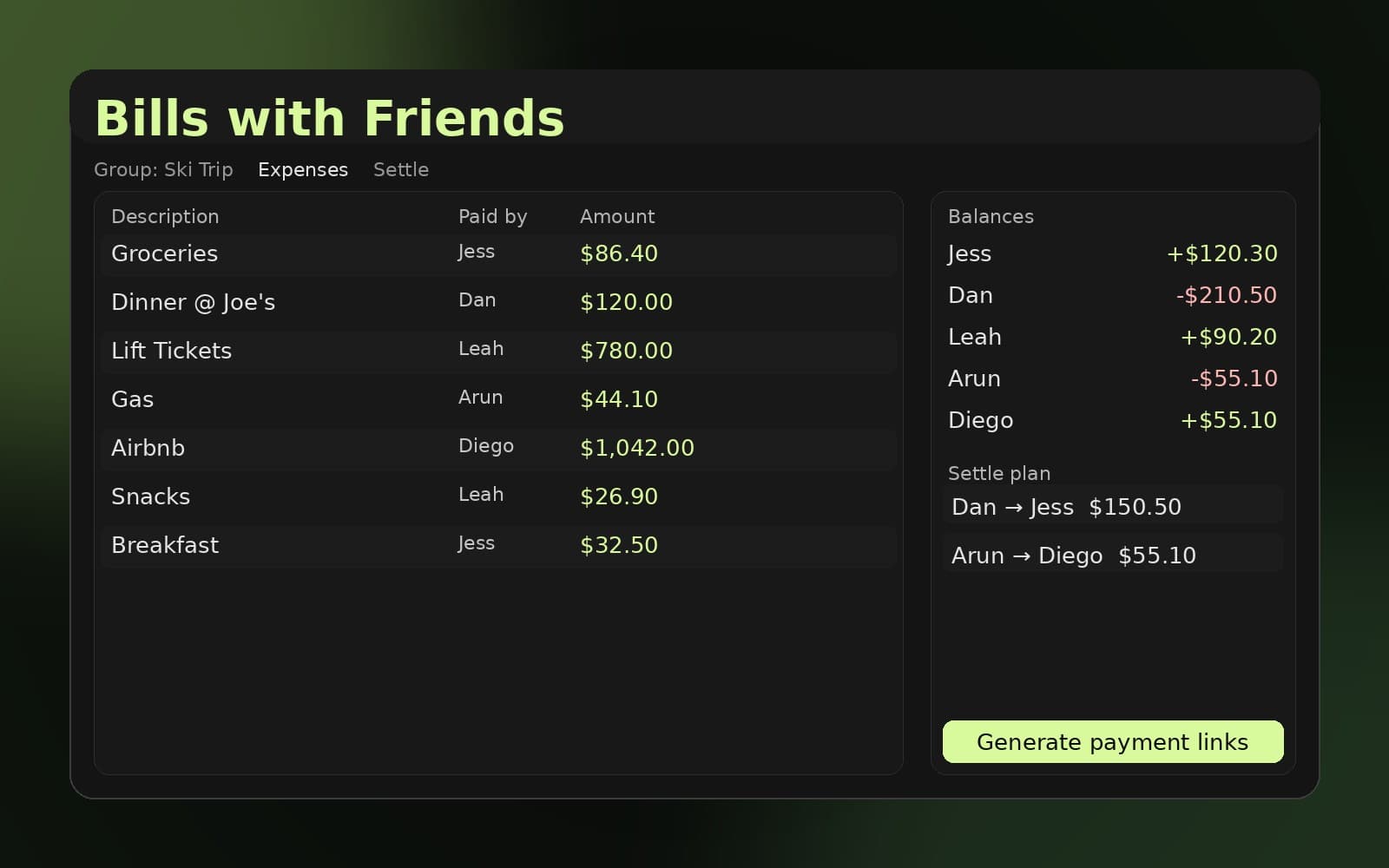 App screenshot: adding an expense and settling up